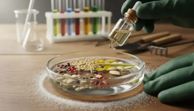 Semi in germinazione in una petri con liquido, con strumenti da laboratorio sullo sfondo