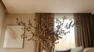 Vaso con rami secchi davanti a tende pesanti in un soggiorno