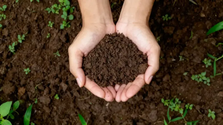 Mani che tengono del terriccio sopra un terreno con piantine