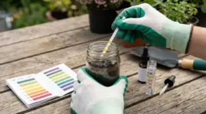Persona con guanti da giardinaggio testa il pH del terreno con una striscia in un barattolo di vetro