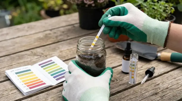 Persona con guanti da giardinaggio testa il pH del terreno con una striscia in un barattolo di vetro