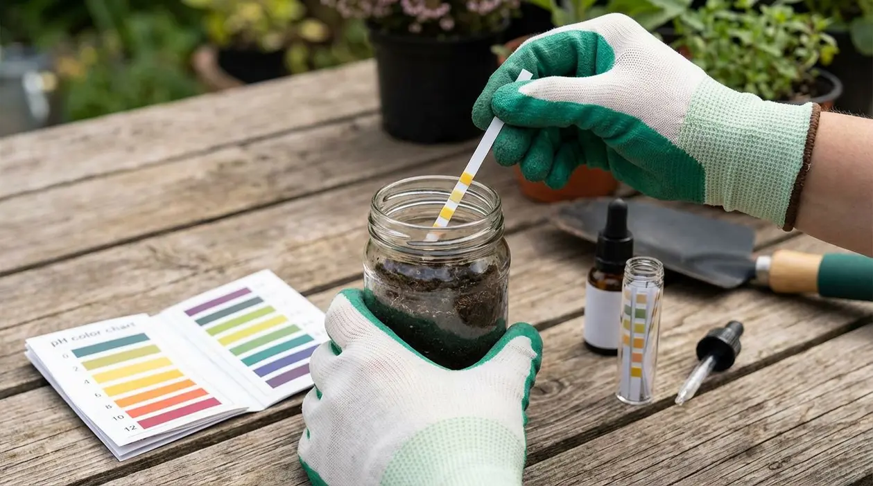 Persona con guanti da giardinaggio testa il pH del terreno con una striscia in un barattolo di vetro