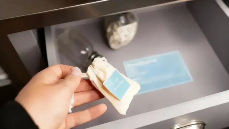 Mano che tiene un sacchetto di stoffa vicino all'interno di un cassetto aperto