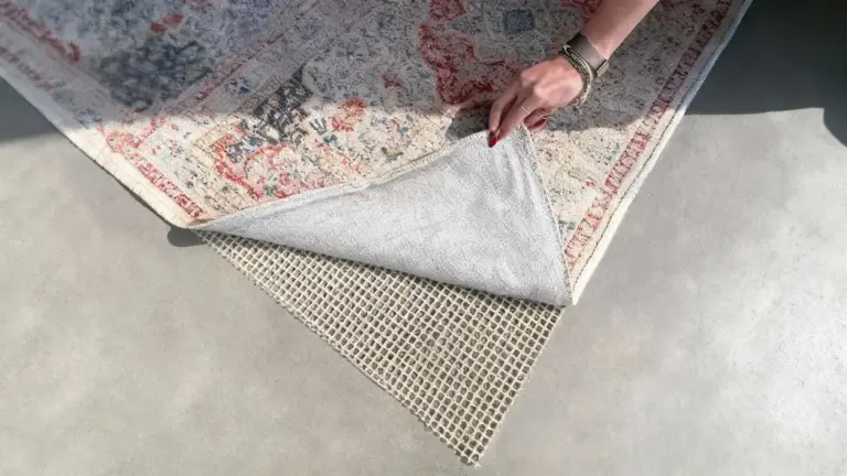 Una mano solleva un tappeto per mostrare una rete antiscivolo posta sotto