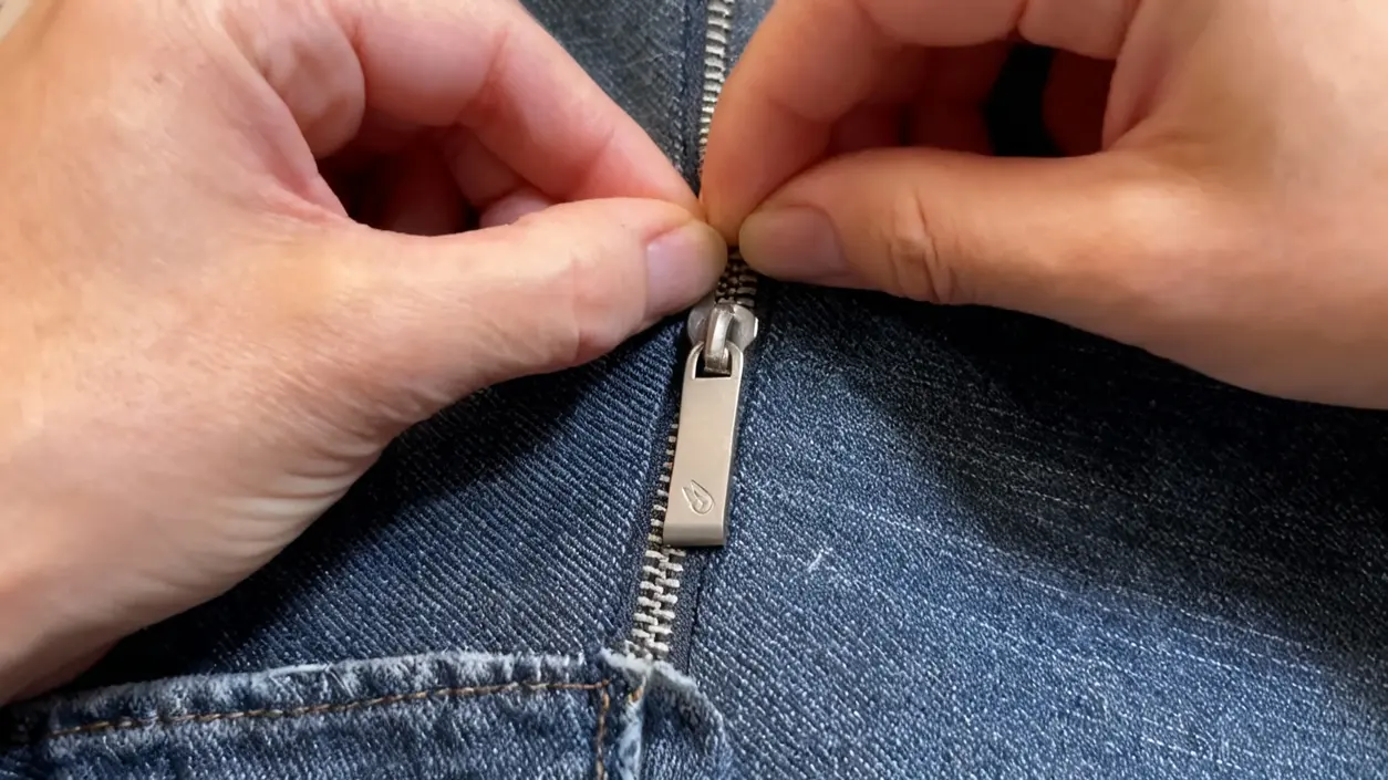 Mani che cercano di sbloccare la zip di un paio di jeans