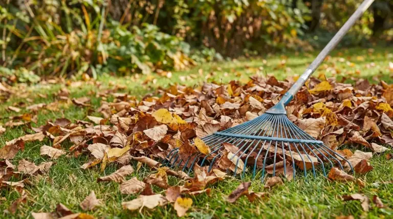 Rastrello appoggiato su un cumulo di foglie secche in un giardino