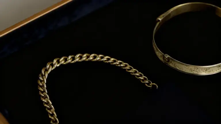 Due bracciali d'oro su sfondo scuro, uno a catena e uno rigido inciso