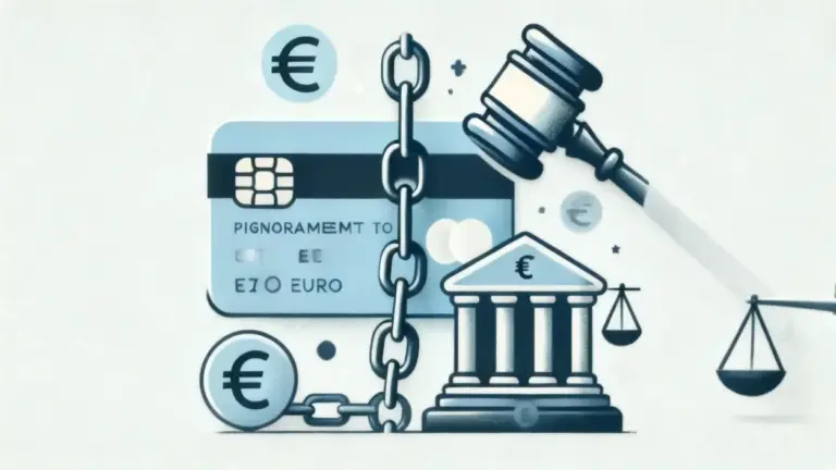 Illustrazione con carta di credito, catena, simboli euro, martello del giudice e edificio bancario