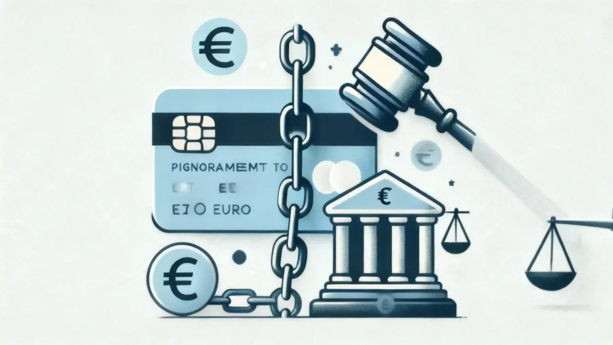 Illustrazione con carta di credito, catena, simboli euro, martello del giudice e edificio bancario