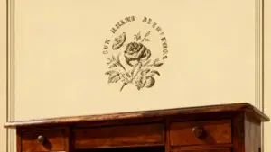 Scrivania di legno vintage sotto una parete con disegno floreale antico
