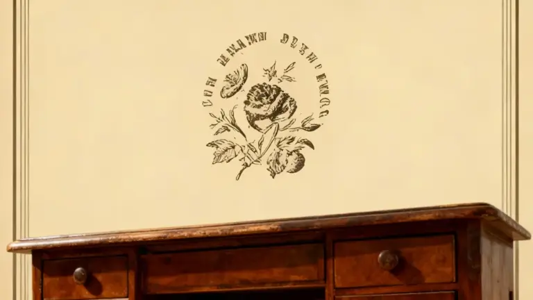 Scrivania di legno vintage sotto una parete con disegno floreale antico
